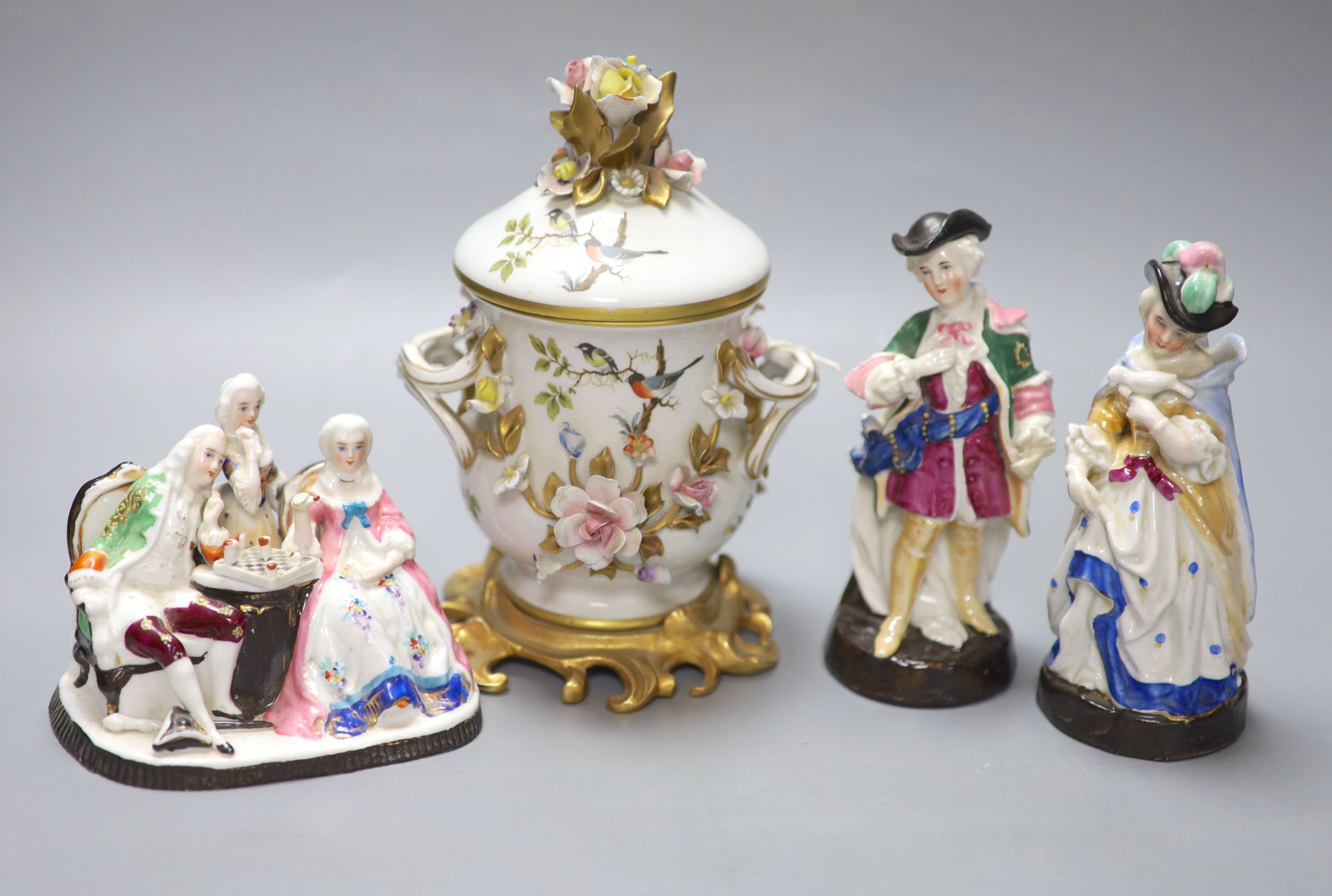 A Dresden porringer and three Continental porcelain figure groups, tallest 21cm